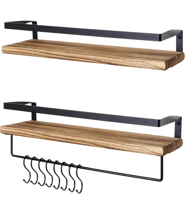 LifeGoods LifeGoods Zwevende Wandplank - 2 Stuks  - Hout - Bruin/Zwart