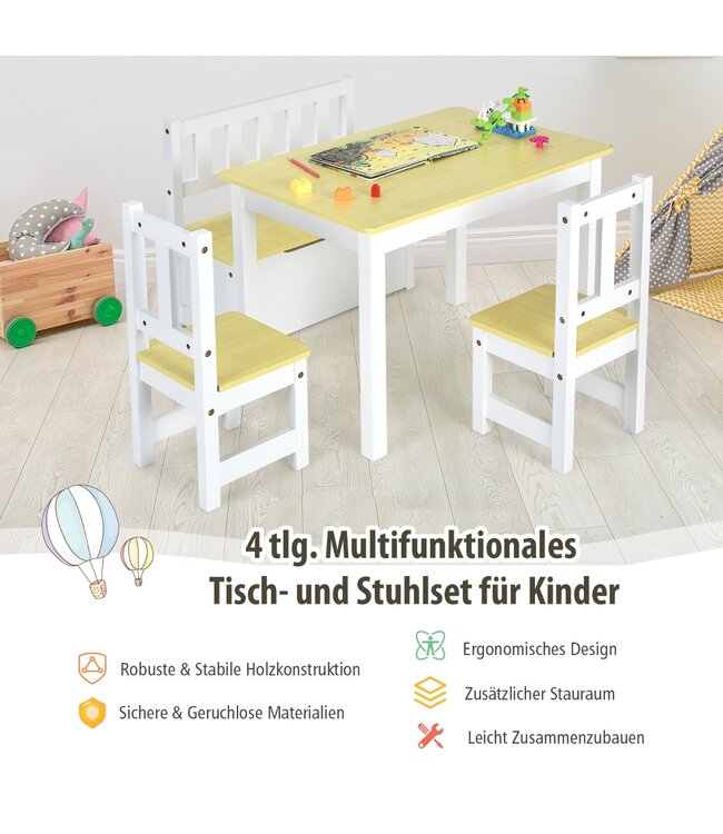 Coast 4-delige tafel en stoel ingesteld voor kinderen 2 in 1 set gemaakt van hout voor kleine kinderen natuur + wit