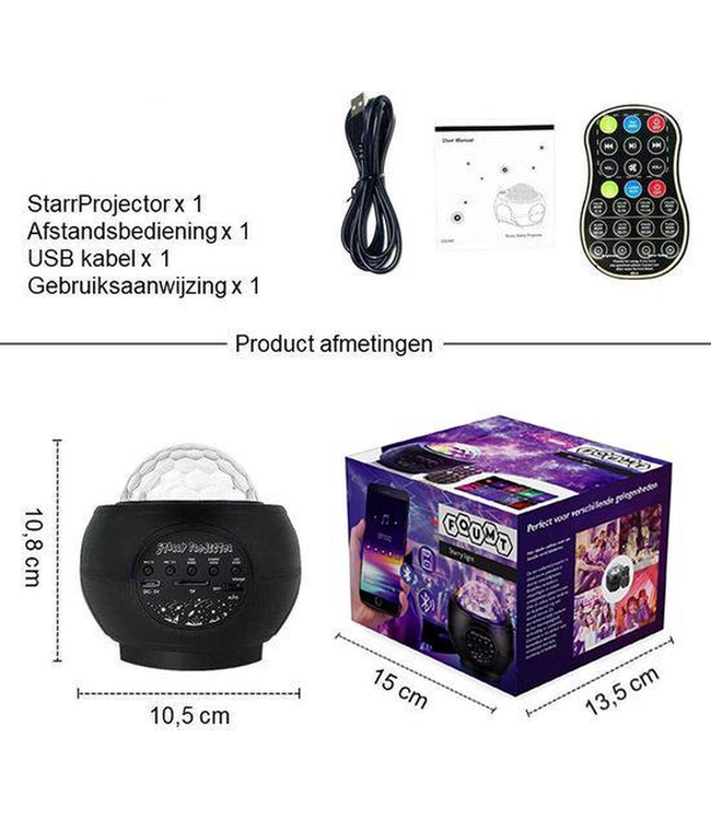 Foumt Starry - Sterren projector – Galaxy projector – Projector - Sterrenhemel – Star projector – Muziek box bluetooth & usb-functie - Zwart