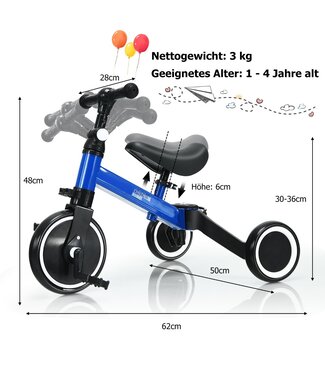 Coast Coast 3 op 1 kinderen Driewijd & wiel- en balansfiets met verstelbare stoel en stuurblauw