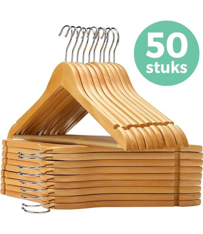 LifeGoods Kledinghangers - Met Broeklat - Hardhout - Natural - 50 Stuks