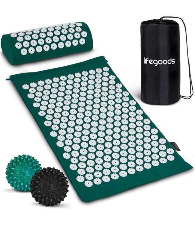 LifeGoods Acupressuur Mat met Kussen - Shakti mat - Spijkermat Incl. 2x Triggerpoint Bal - 66x40x2cm - Groen/Wit