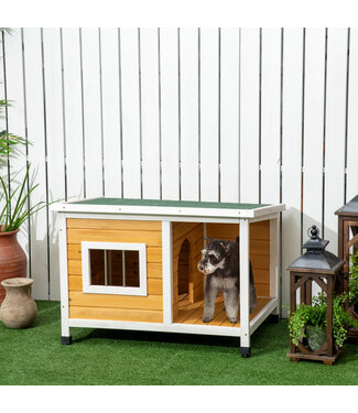 Paws Paws hondenhok met veranda, scharnierend dak, raam, verstelbare poten, natuurlijk hout, oranje, 85,5 x 62 x 60 cm