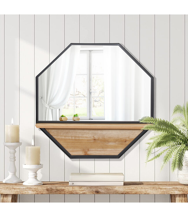 HOMdotCOM 61 x 61 cm achthoekige wandspiegel, betegelde spiegel met plank, industrieel design