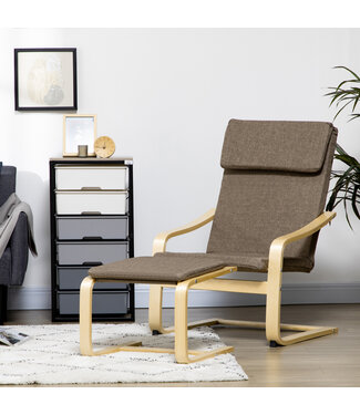 HOMdotCOM Fauteuil met voetenbank, fauteuilset, linnenlook, massief hout, bruin + naturel