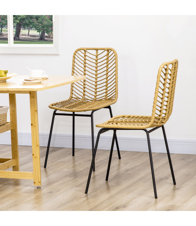 Set van 2 eetkamerstoelen in boho-stijl, accentstoel, PE-rotan, 44 cm x 58 cm x 85 cm, Natural+ zwart