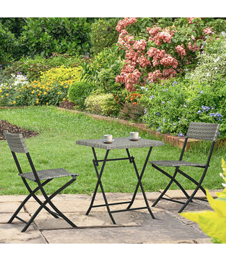 Sunny Driedelige tuinmeubelset, 2 klapstoelen, 1 klaptafel, rotanlook, metalen frame, lichtgrijs