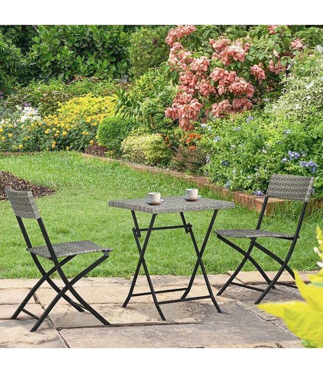 Driedelige tuinmeubelset, 2 klapstoelen, 1 klaptafel, rotanlook, metalen frame, lichtgrijs