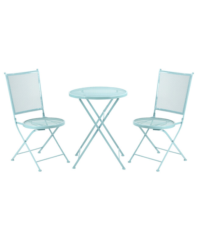 Sunny 3-delige bistroset, buitentafelset, zitgroep, tuinset, terrasset, tafelset met tafel en 2 stoelen, tuintafel, tuinstoelen, klaptafel, klapstoelen, terrastafel, terrasstoelen, bestro tafel, bistro stoelen, metaal, lichtblauw