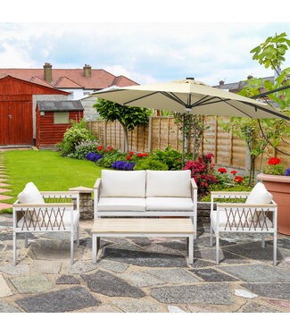 Sunny 4-delige tuinmeubelset, bank, twee fauteuils, bijzettafel, incl. zitkussens, wit, natuurlijk hout
