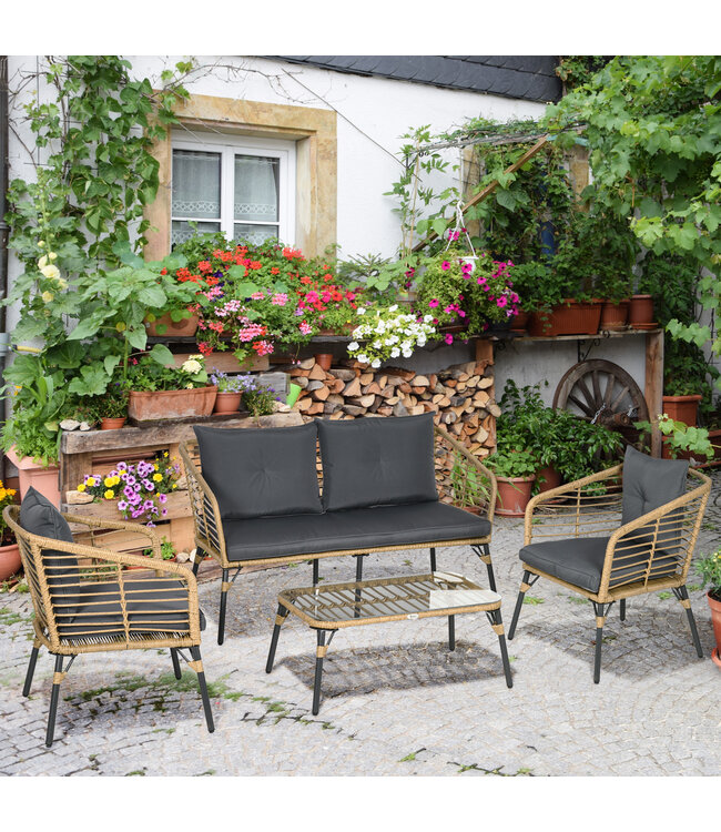 Sunny 4-delige tuinmeubelset van rotan, boho-stijl, weerbestendig, afneembare hoezen, naturel + donkergrijs, 131 cm x 63 cm x 76 cm