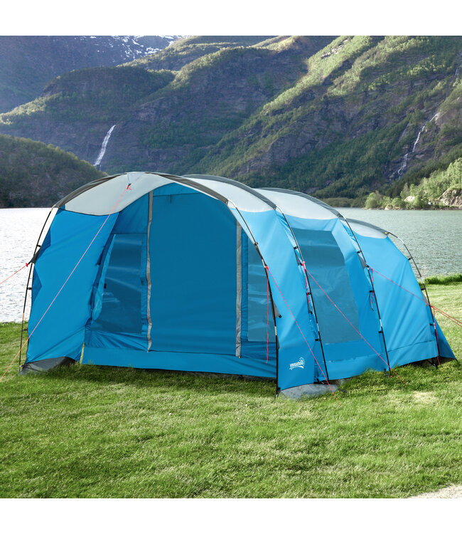 Campingtent voor 5 personen, 2 kamers, verwijderbaar tussenschot, weerbestendig, incl. transporttas, blauw+zwart