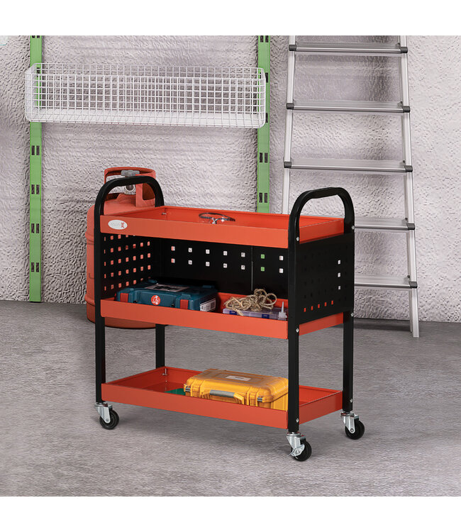 DURHAND gereedschapswagen, werkplaatswagen, 3 schappen, 2 geperforeerde wanden, tot 100 kg, staal, rood, 75 x 35 x 80 cm