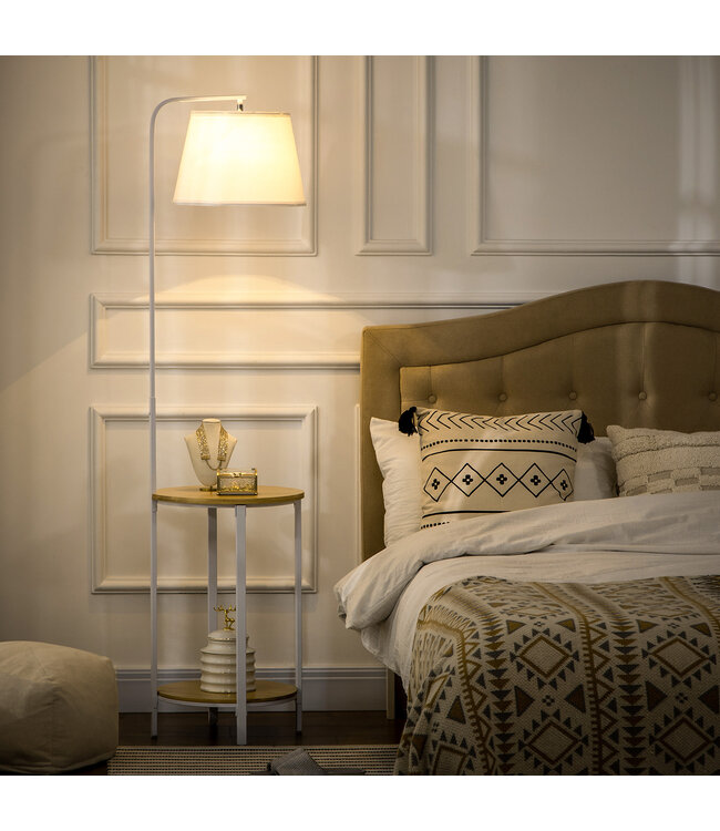 Vloerlamp met 2 planken, staande lamp, voetschakelaar, 40 W E 27, naturel + wit