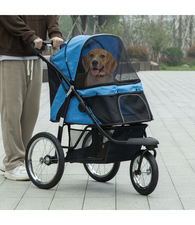 hondenkinderwagen, opvouwbaar, zonnescherm, gaasvenster, opbergmand, blauw, 111 x 58 x 107 cm