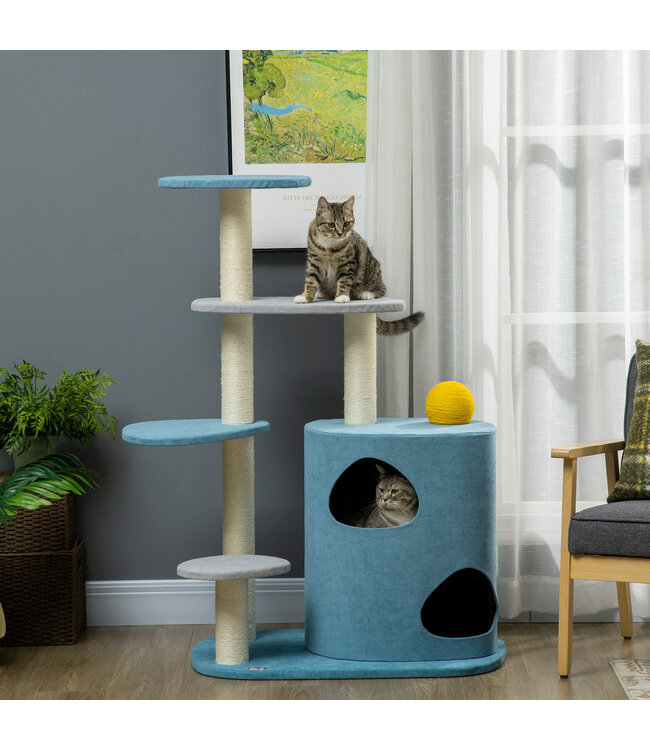 Paws kattenboom met krabpaal inclusief krabbal voor katten, 87 cm x 60 cm x 122 cm, blauw+ grijs+ geel