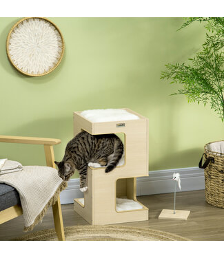 Paws Paws kattenhok, kattengrot, 2 verdiepingen, inclusief speelgoed, 34 cm x 34 cm x 60 cm, naturel + lichtgrijs
