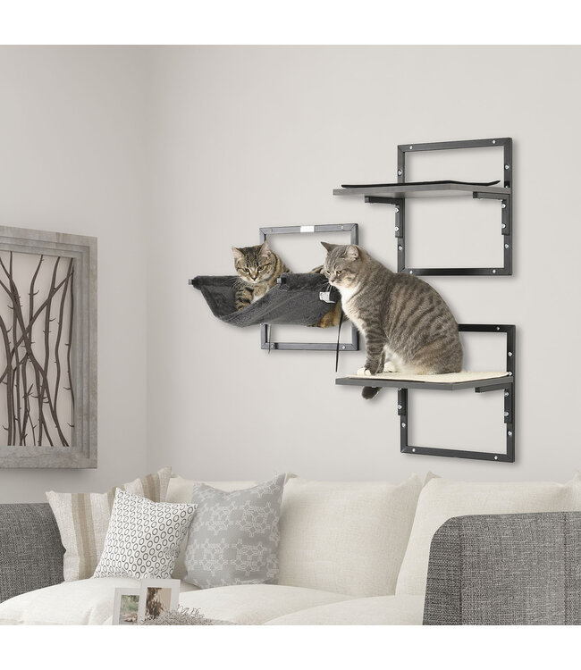Paws klimmuur voor katten in industrieel design, 1 hangmat, 2 platformen, 35 cm x 31 cm x 35 cm, zwart+ naturel