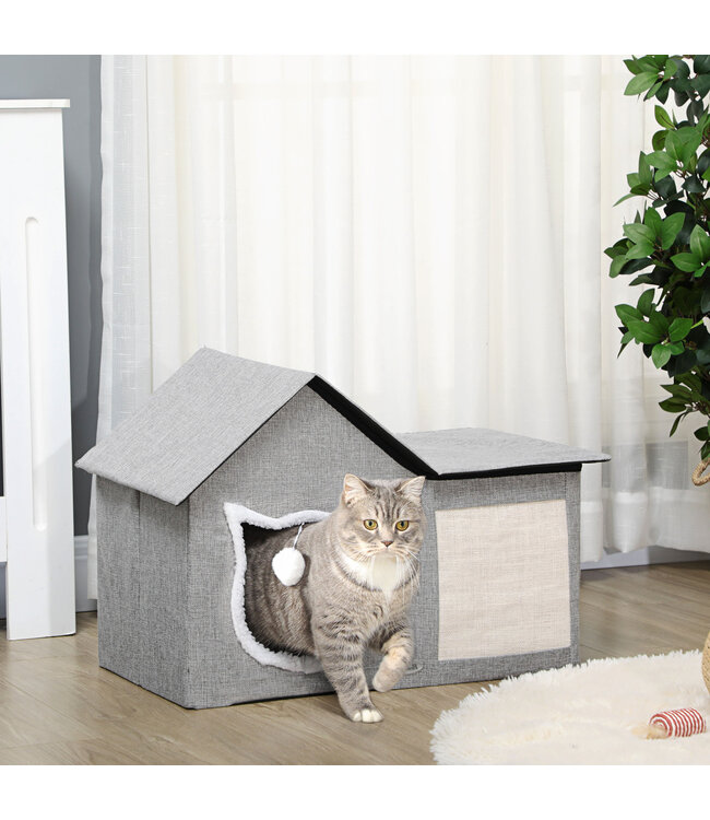Kattenhuis met krasoppervlak, inclusief speelgoedbal, kattengrot, 65 cm x 41 cm x 45,5 H cm, bruin+wit+beige