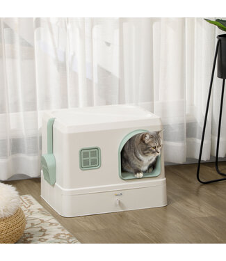 Paws Kattenbak met hoes, 1 kattenschep, uitneembare vloerbak, 50 cm x 40 cm x 40 cm, mintgroen+ wit