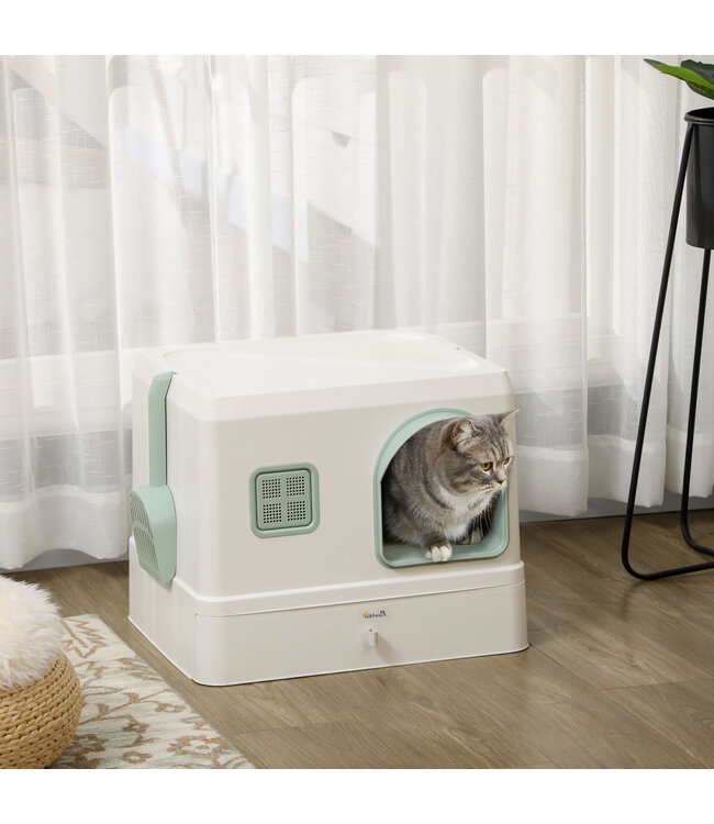 Kattenbak met hoes, 1 kattenschep, uitneembare vloerbak, 50 cm x 40 cm x 40 cm, mintgroen+ wit