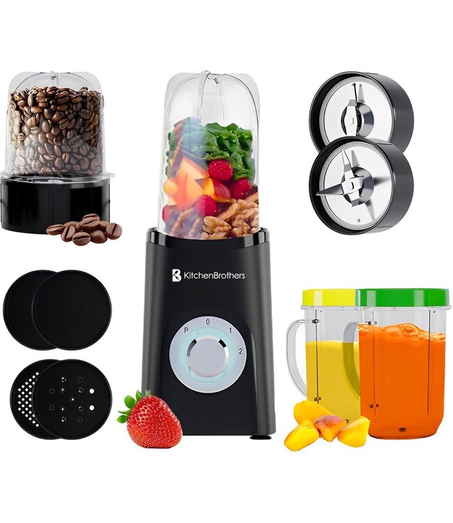 KitchenBrothers Smoothie Blender  2-in-1 - 4 Bekers Mini Blender To Go  Mini Blender  Zwart