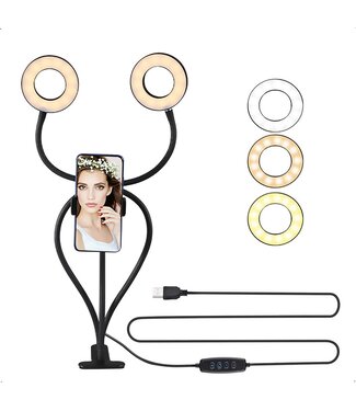 URGOODS LED Ringlamp met Statief Smartphone - Dubbele Ring Lamp - USB - BureauLamp LED Dimbaar - Met TafelKlem - Ringlight - 3 Licht niveaus