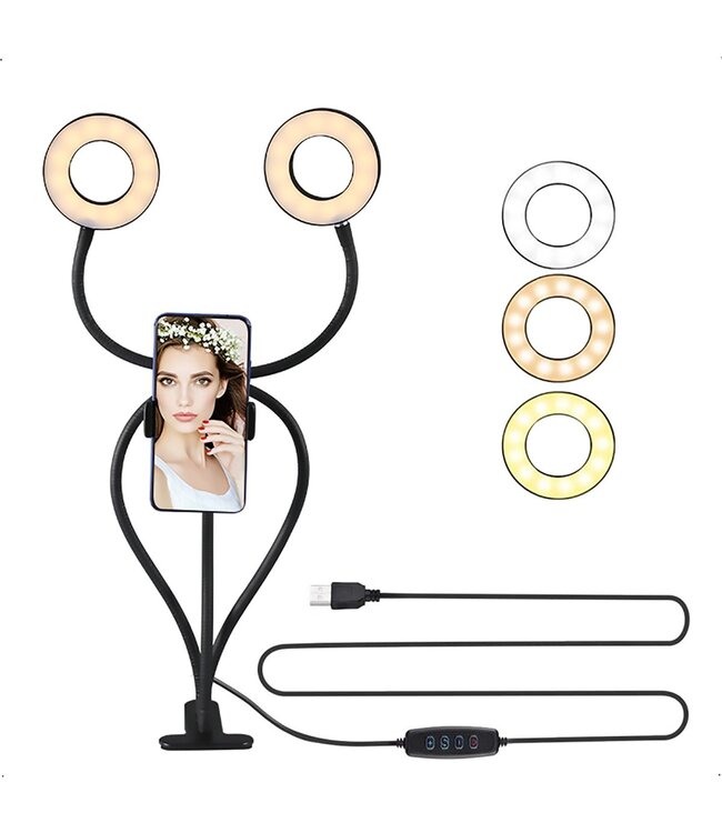 LED Ringlamp met Statief Smartphone - Dubbele Ring Lamp - USB - BureauLamp LED Dimbaar - Met TafelKlem - Ringlight - 3 Licht niveaus