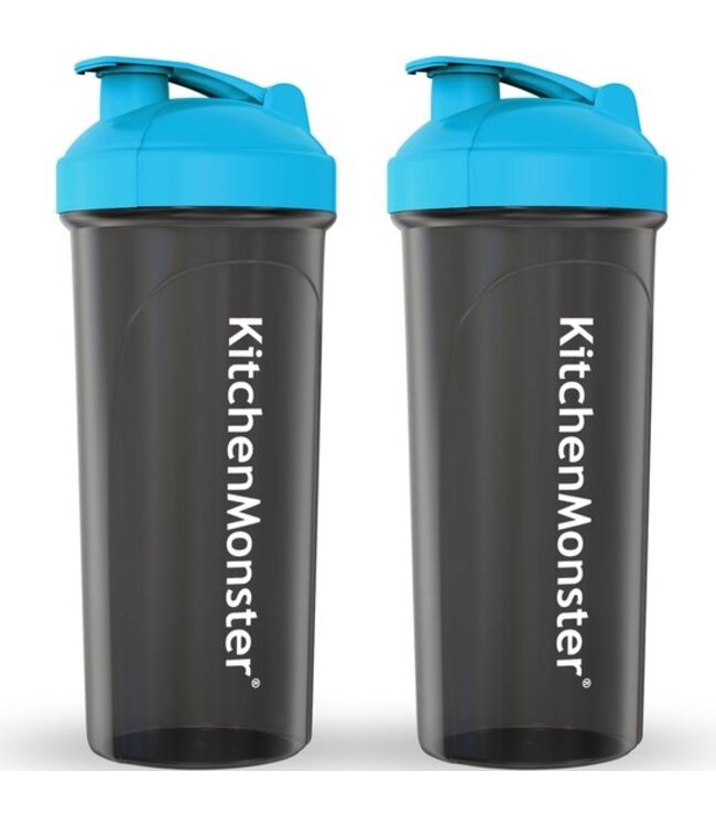 KitchenMonster Shakebeker Bidon 700 ml - Set van 2 stuks - Shaker inclusief Mixfilter - Proteïne Shaker Zwart met Blauw