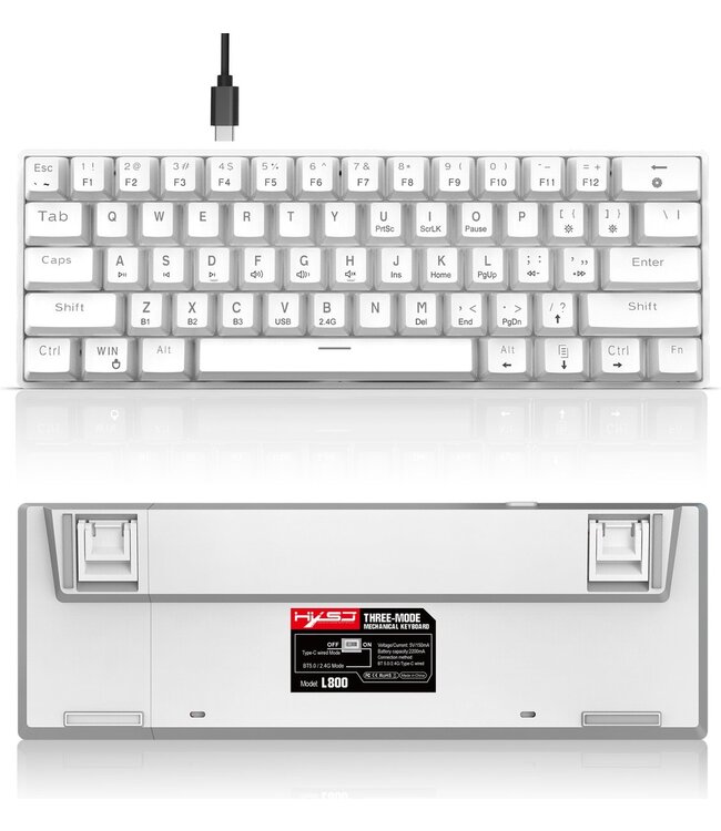 HXSJ L800 Draadloos Mechanisch TKL Gaming Toetsenbord - RGB - Bedrade / 2.4GHz RF / Bluetooth - QWERTY - 61 Keys - Blue Switch - Wit