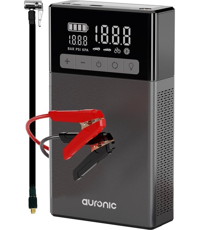 Auronic Auronic Jumpstarter - met Compressor - 12V - 1500A - 16.000 mAh - 6-in-1 starthulp - Incl. Opbergtas & Accessoires - Zwart/Grijs