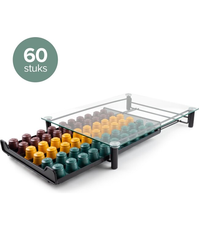 Nimma Nespresso Capsulehouder - voor 60 Capsules - Met Lade - Koffiecuphouder - Glas - Zwart