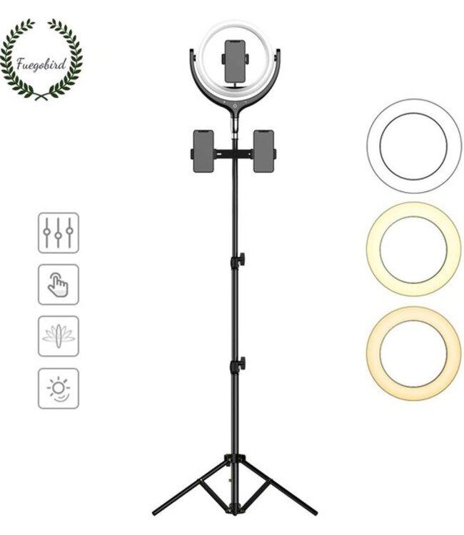 Fuegobird LED Ringlamp met statief incl telefoonhouder - 30 cm - 200 cm hoog (verstelbaar) - USB - TikTok - Ringlight - flitser - Ring lamp - Vlog - Make-up light - Studiolamp (Zwart)