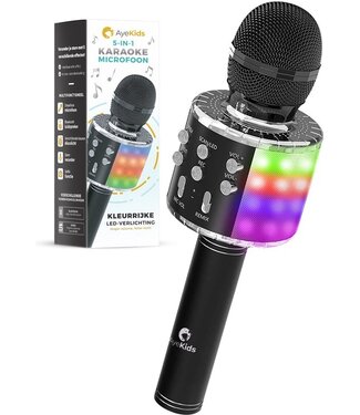 AyeKids AyeKids 5-in-1 Karaoke Microfoon - Draadloos & Bluetooth – Ingebouwde Speaker & Disco Lichten – Incl. AUX-kabel - Microfoon Kinderen - Karaoke Set - Zwart