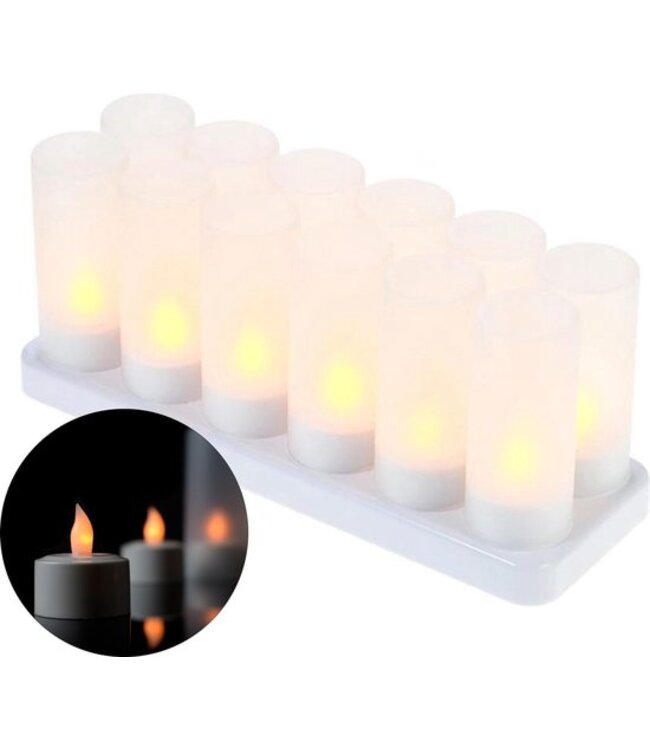 LED Kaarsen + Oplaadbare Basis – Veilige Waxinelichtjes – Decoratie – 12 Stuks + Cups