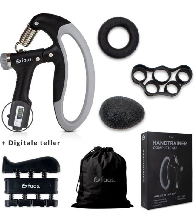 Handtrainer Set – 5-Delig - 10 tot 100 KG - Digitale Teller - Hand, Onderarm, Pols & Vingers Trainer – Stressbal, Knijphalter, Stretcher & Grip bal