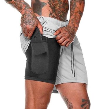 MW MW® - Sportbroek Heren - Fitnessbroek - Sportkleding - 2 in 1 Shorts - Hardloopbroek (Grijs - L)