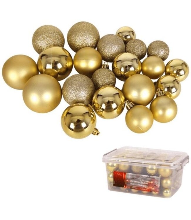 Christmas Gifts Kerstballen Set in Opbergbox - 70 Kerstballen - Plastic/Kunststof - Ø4/5/6 cm - Mat/ Glanzend/ Glitter - Goud