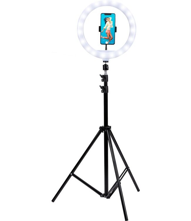Grundig Ringlamp met Statief en Telefoonhouder - Verstelbaar tot 195cm - Geschikt voor TikTok en YouTube - 3 Lichtstanden