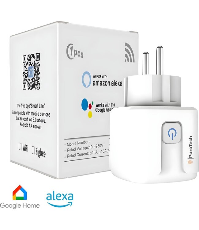 PuroTech Slimme Stekker - Tijdschakelaar & Energiemeter - Smart Plug - Geschikt Voor Alexa / Google Home - Verbruiksmeter - Energiekosten