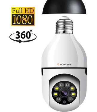 PuroTech PuroTech Beveiligingscamera - IP Camera - E27 Dikke Fitting- Spy Camera -  2-Weg Audio - Beweeg en Geluidsdetectie - Nachtvisie - Draadloos - Huisdiercamera - Opslag in Cloud & App - Lamp Camera - 360 graden Panoramisch