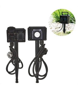 Cheqo Cheqo® Randaarde Tuinstekkerdoos - Tuin Stekkerdoos met Grondspies - Tuincontactdoos 2-Voudig met Timer - 24-uurs Timer - Dubbel Stopcontact - Weerbestendig - Randaarde - Kinderbeveiliging - IP44 - 3680 Watt - 250V - 2 Stopcontacten