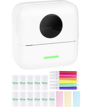 Nuvance Nuvance - Mini Printer voor Mobiel - Incl. 6 Papierrollen, 5 Stickerrollen, 3 Kleurrollen en Kleurpennen - Mobiele Pocket Printer - Zonder Inkt - Draadloos - Wit