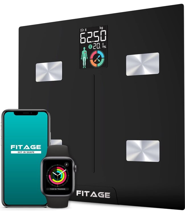 Fit Age FITAGE LCD Slimme Weegschaal met 17x Lichaamsanalyse - FITAGE App - Zwart