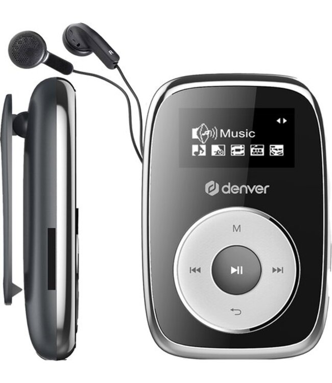 Denver MP3 Speler Incl. Oordopjes - 32GB - Shuffle modus - Kinderen & Volwassenen - Bevestigingsclip - AUX - MicroSD - MPS316 - Zwart