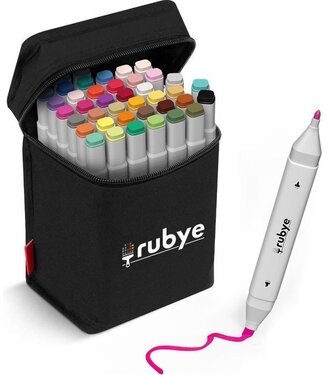 Rubye® Rubye® Markeerstiften - Dual-Tip Markers - Twinmarkers - Alcohol Markers - Kleurstiften - Stiften voor Volwassenen - Etui - 40 Stuks