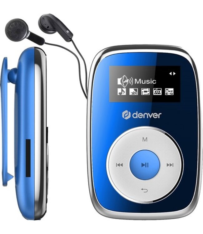 Denver Denver MP3 Speler Incl. Oordopjes - 32GB - Shuffle modus - Kinderen & Volwassenen - Bevestigingsclip - AUX - MicroSD - MPS316 - Blauw