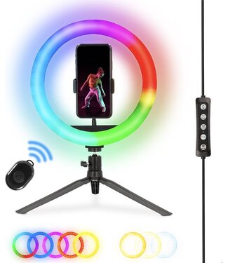 Nikkei Nikkei RLIGHTXMINI Ringlamp met Tripod Statief Smartphone - Ring light - 10 Inch - 99+ RGB Kleuren en Effecten - Afstandsbediening - TikTok Selfie Lamp