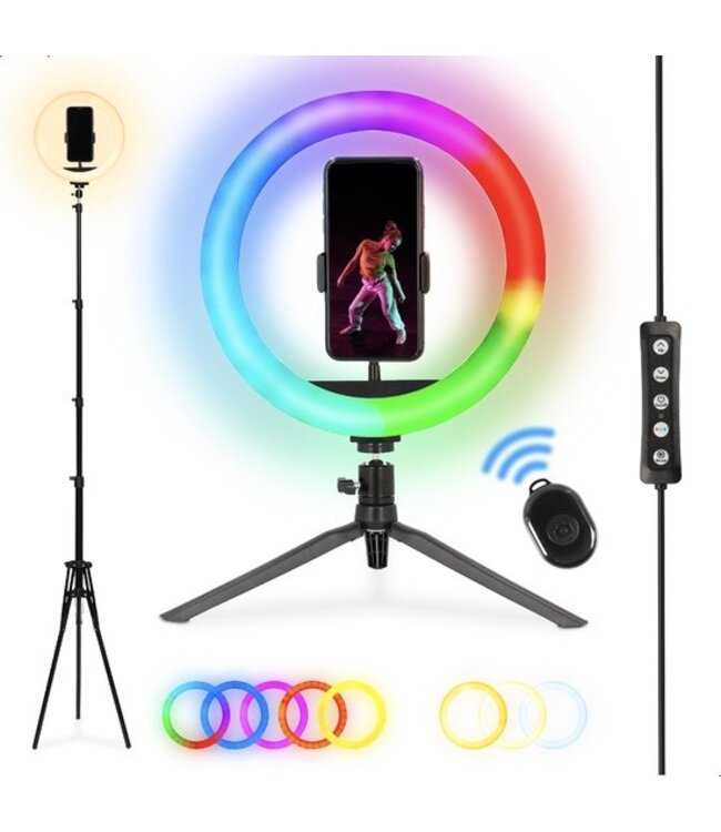 Nikkei RLIGHTX10 Ringlamp met Statief Smartphone - Ringlight 10 inch - 99+ Kleuren en Effecten - Afstandsbediening - Verstelbare Tripod tot 2 meter - TikTok Selfie Lamp