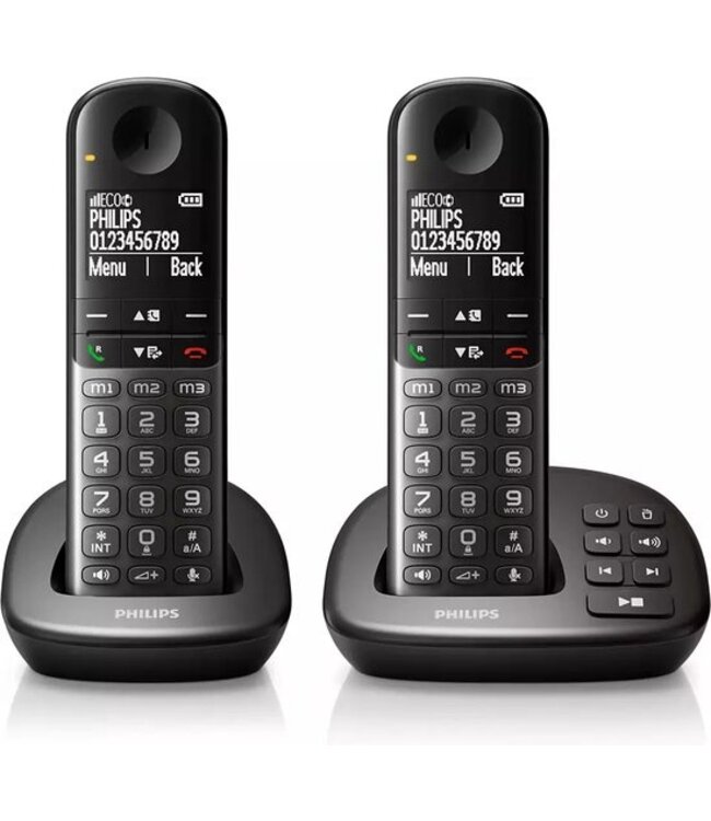 Philips XL4952DS - DECT-Telefoon met Antwoordapparaat - Draadloze Senioren Telefoon met 2 Handsets - Grote Toetsen, Volumeboost en Gehoorapparaat Compatibiliteit - Zwart